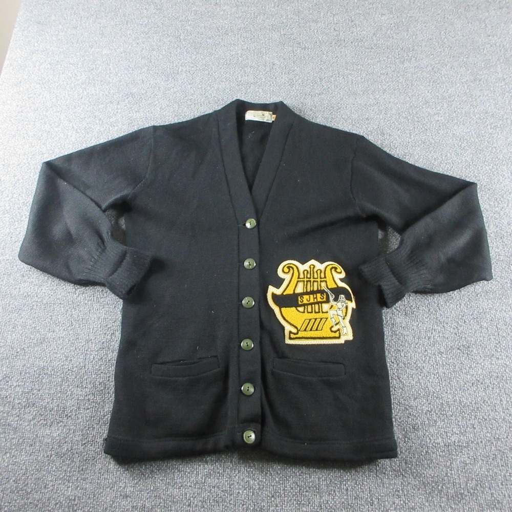 VINTAGE New Era Sweater Men 40 Black Wool Letterman Cardigan School SJHS 40s 50s